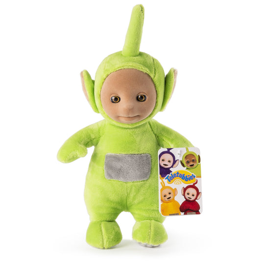 Teletubbies Dipsy plush shows tummy press features for imaginative play.