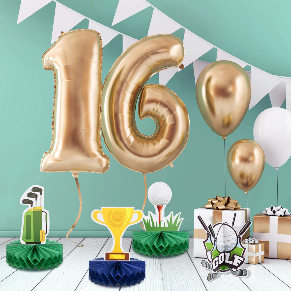 Teling golf themed party decor collage adds festive energy and theme consistency