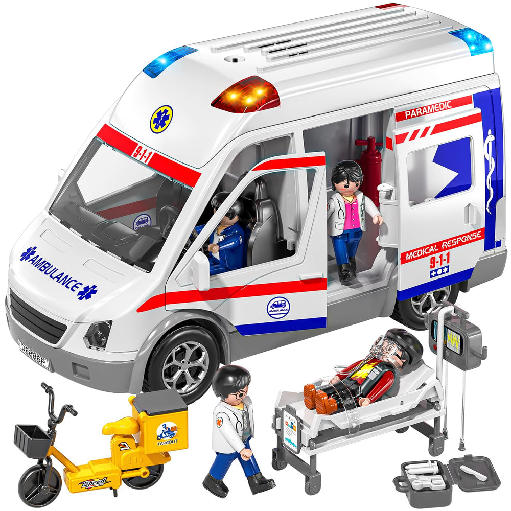 TEMI ambulance toy front view highlights lifelike details for immersive pretend rescues