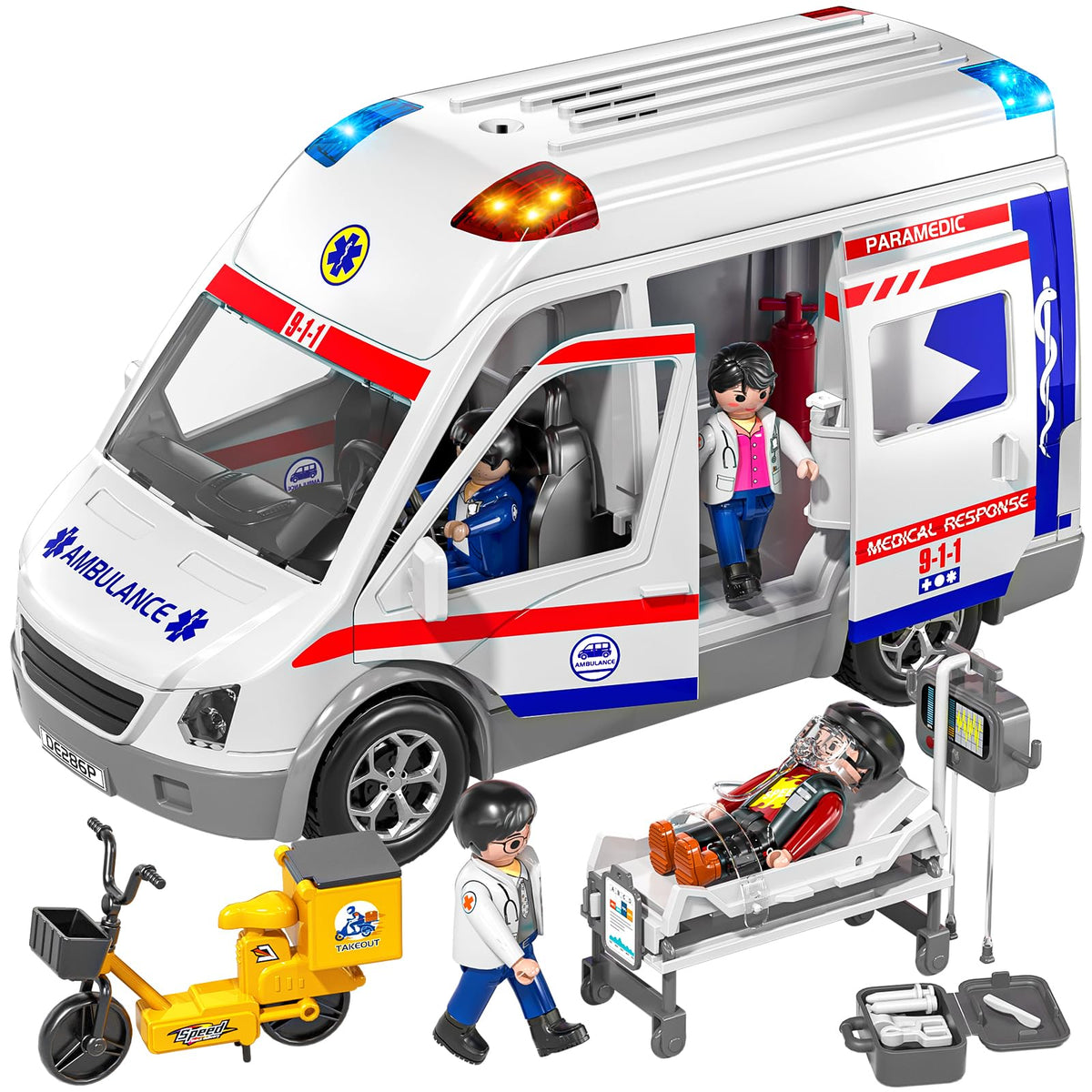 TEMI ambulance toy front view highlights lifelike details for immersive pretend rescues