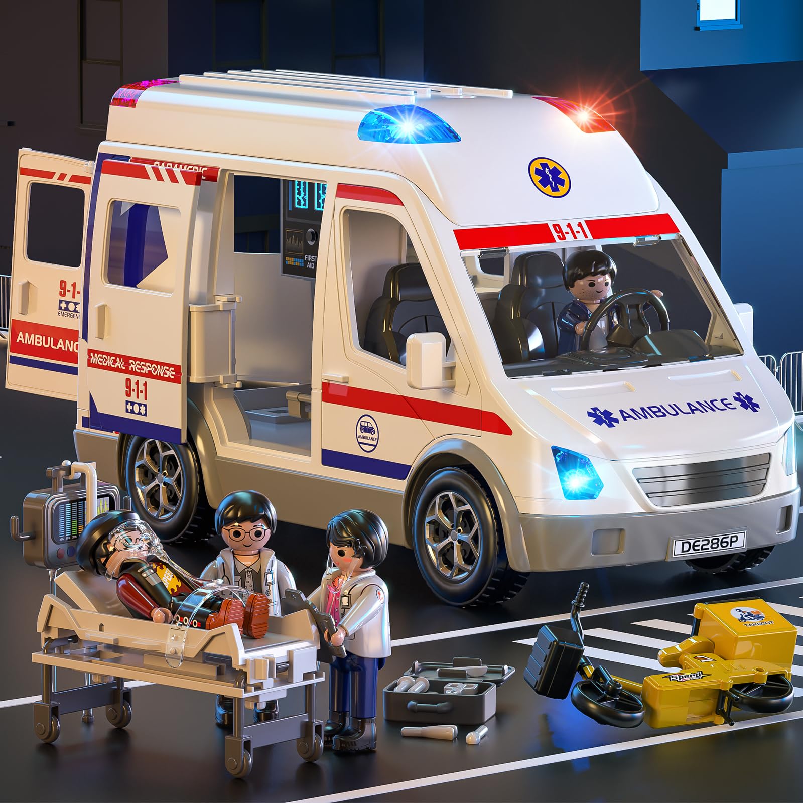 TEMI ambulance toy side with open doors inviting interactive play