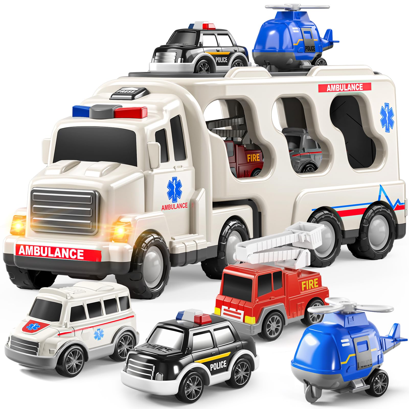 TEMI ambulance transport truck for kids age 3-6, builds hand-eye coordination during play.