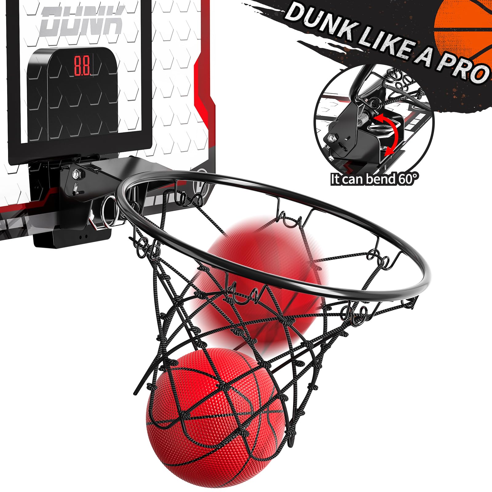 TEMI hoop dunk-action with breakaway rim for realistic play
