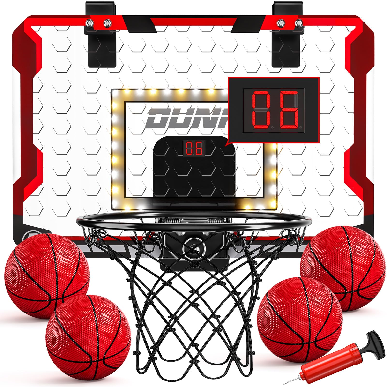 TEMI over-the-door basketball hoop with LED scoreboard for indoor play