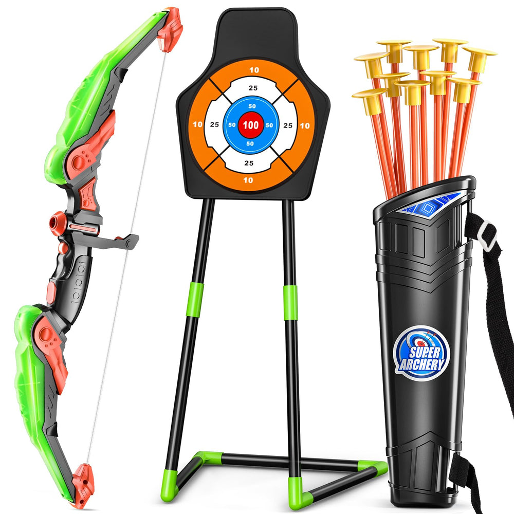 TEMI bow and arrow set with LED lights for kid-friendly target practice indoors or outdoors