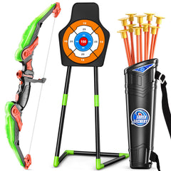 TEMI bow and arrow set with LED lights for kid-friendly target practice indoors or outdoors