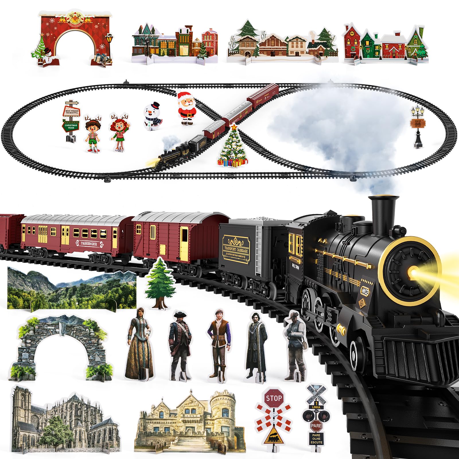 TEMI train set kids playing with the steam locomotive and tracks.