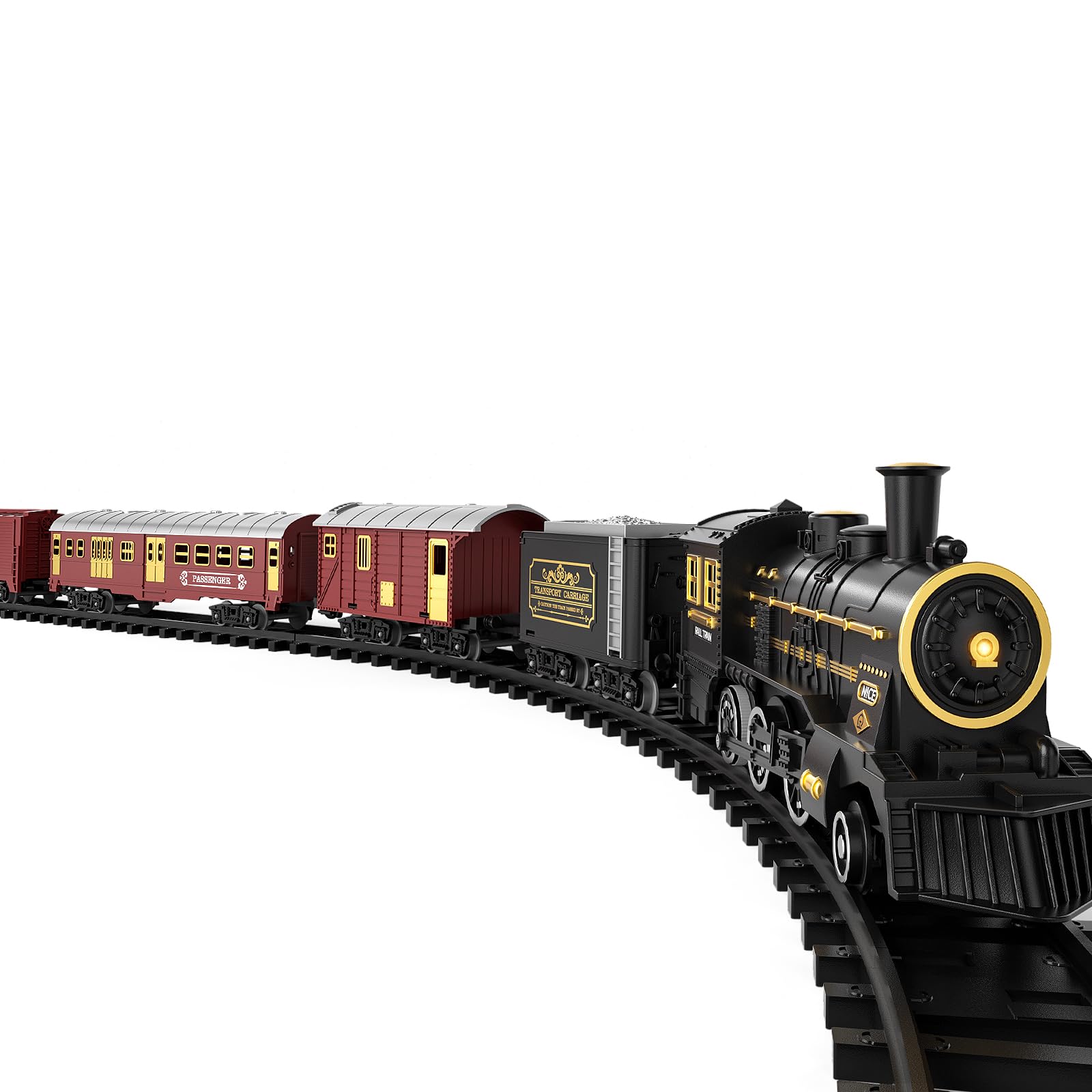 TEMI train set locomotive front view with smoke and glowing headlight for immersive play.