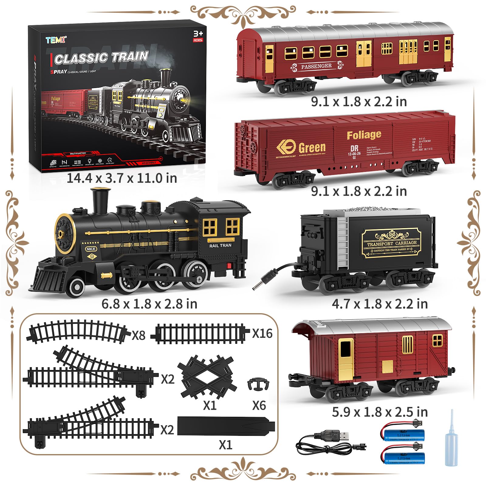 TEMI train set showing smoke, lights, and whistle for engaging retro railway play.