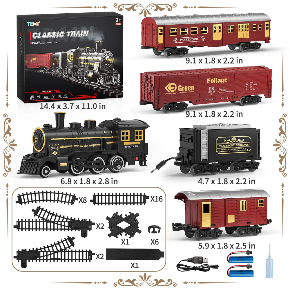TEMI train set showing smoke, lights, and whistle for engaging retro railway play.