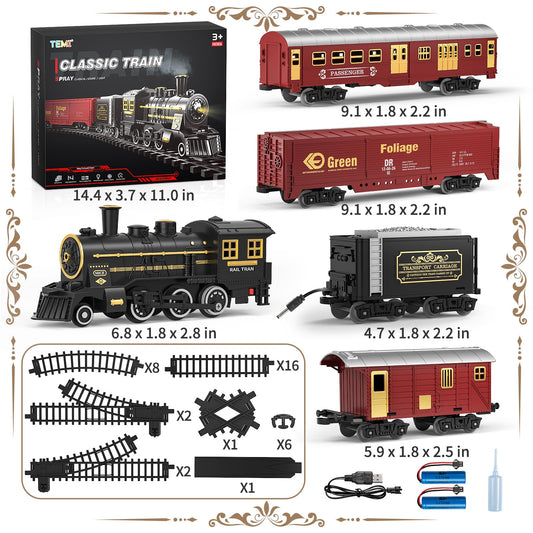 TEMI train set showing smoke, lights, and whistle for engaging retro railway play.