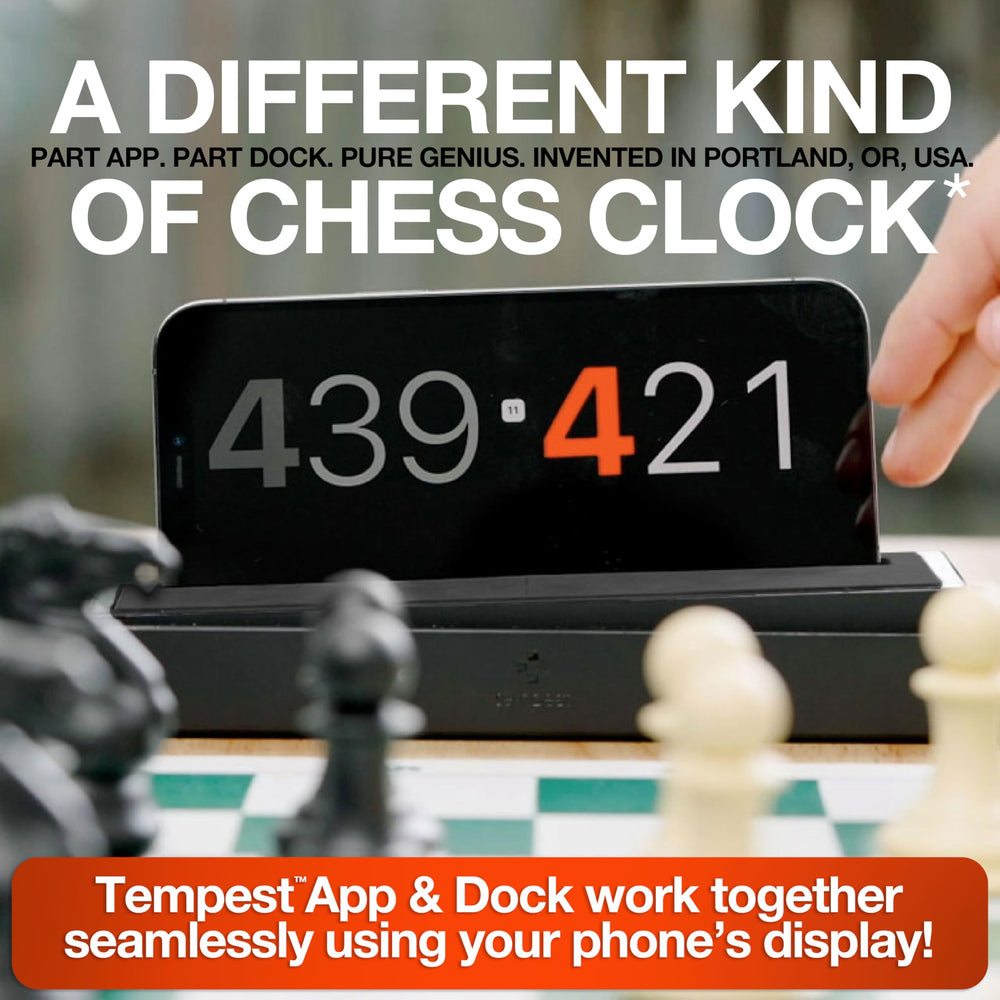Tempest clock with phone on dock displays timer without cables