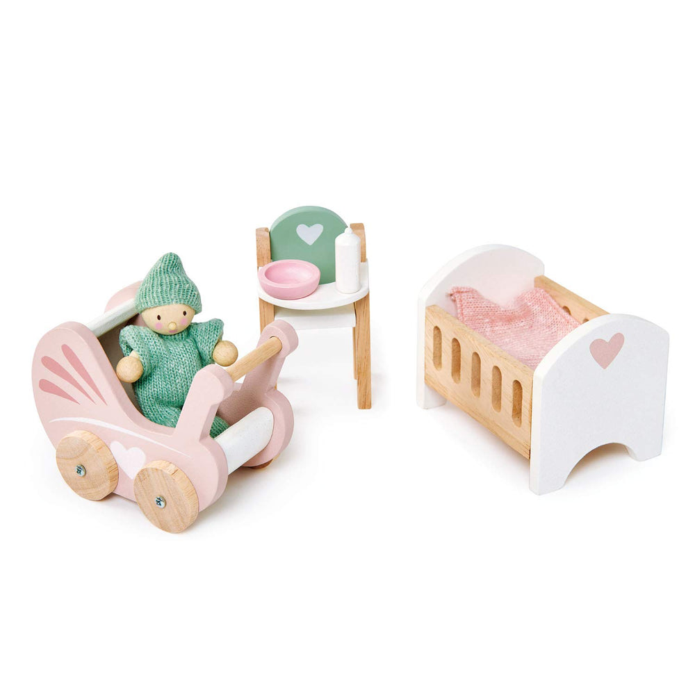 Tender Leaf Toys dollhouse nursery set with cot, high chair, bottle and pram for imaginative play.