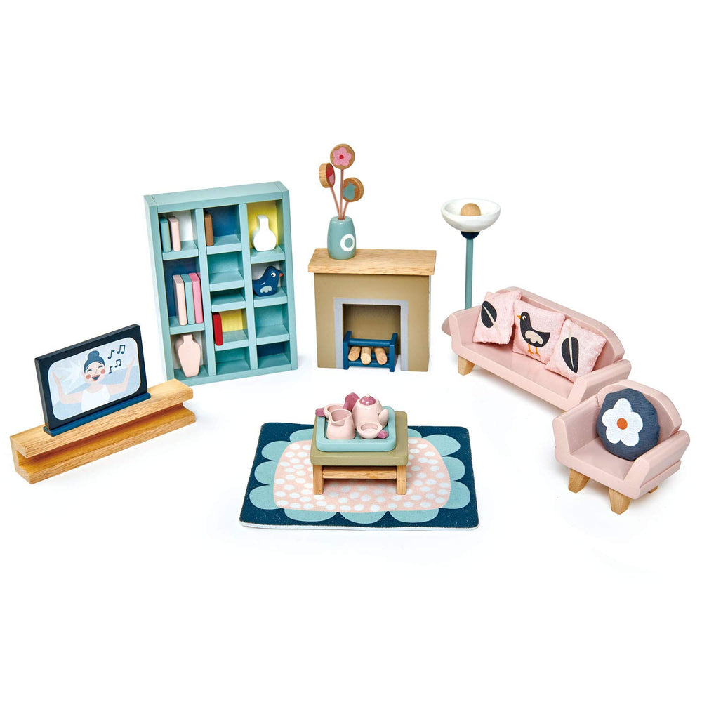 Tender Leaf Toys dovetail sitting room sofa creates inviting seating for tiny residents.