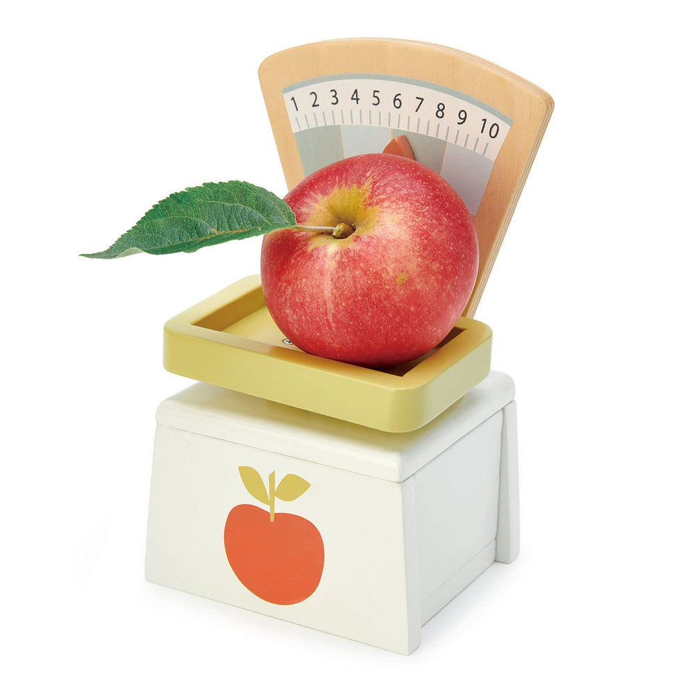 Tender Leaf Toys fruits on the tray with weight indicator for interactive learning.