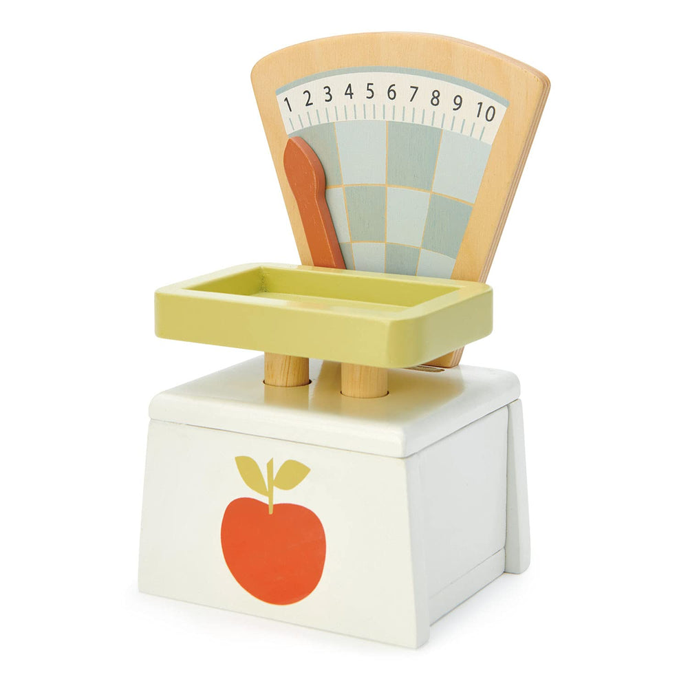 Tender Leaf Toys Market Scale display with weighing tray for pretend shopping.