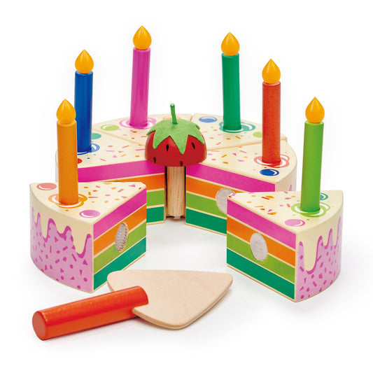Tender Leaf Toys Rainbow Birthday Cake exterior adds color to pretend play celebrations.