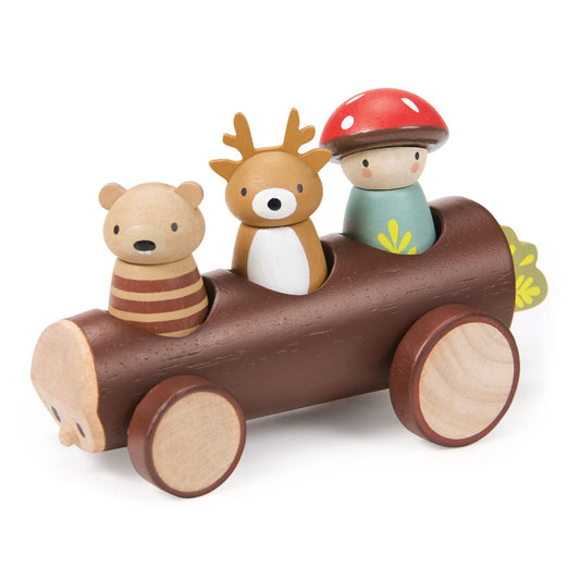 Tender Leaf Toys Timber Taxi front view with three removable characters for imaginative play