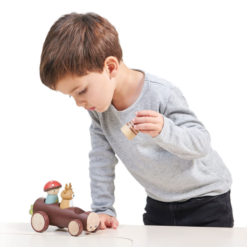 Tender Leaf Toys Timber Taxi rear view highlighting eco-friendly wooden construction