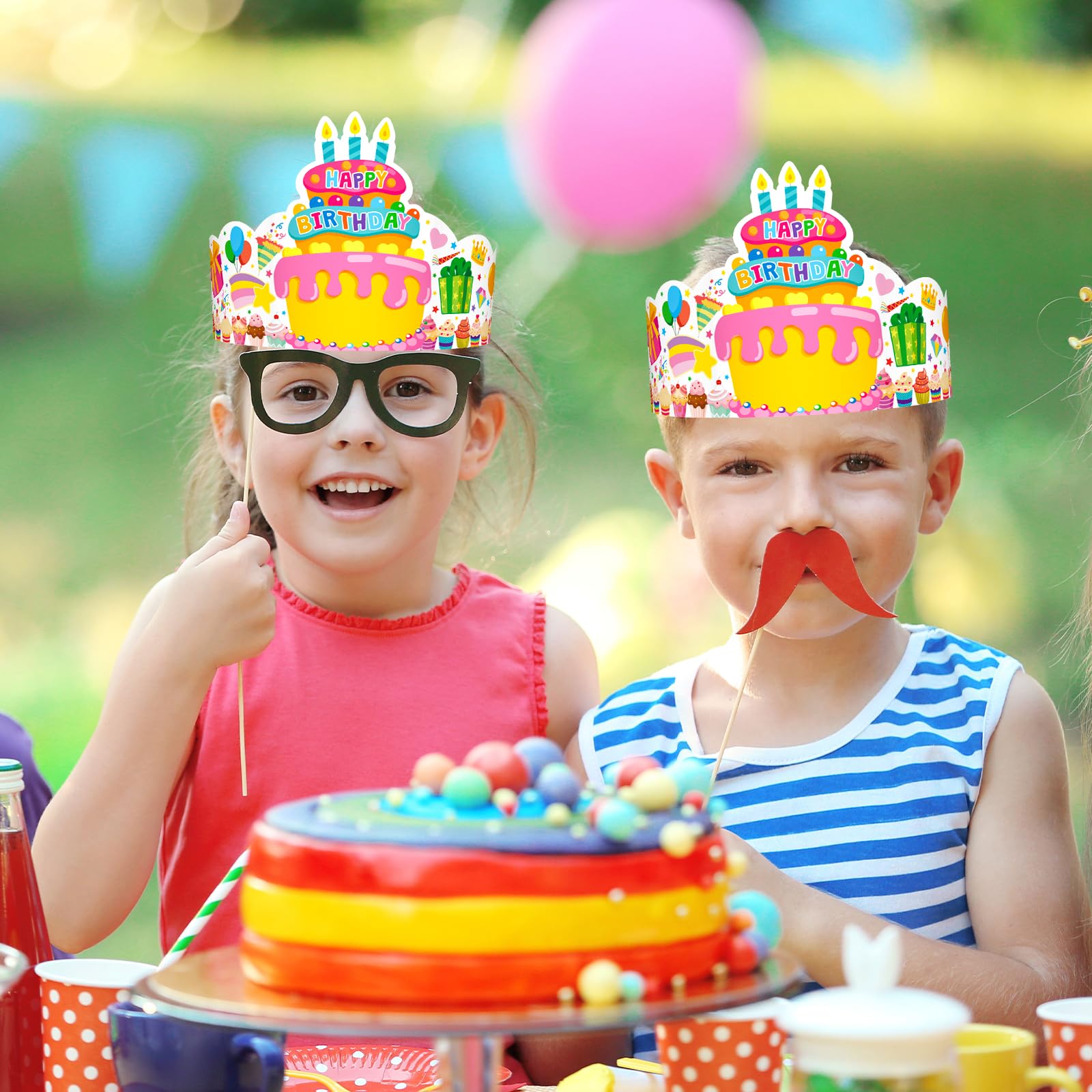 TENDFINE crowns worn by kids and adults during a joyful birthday moment.