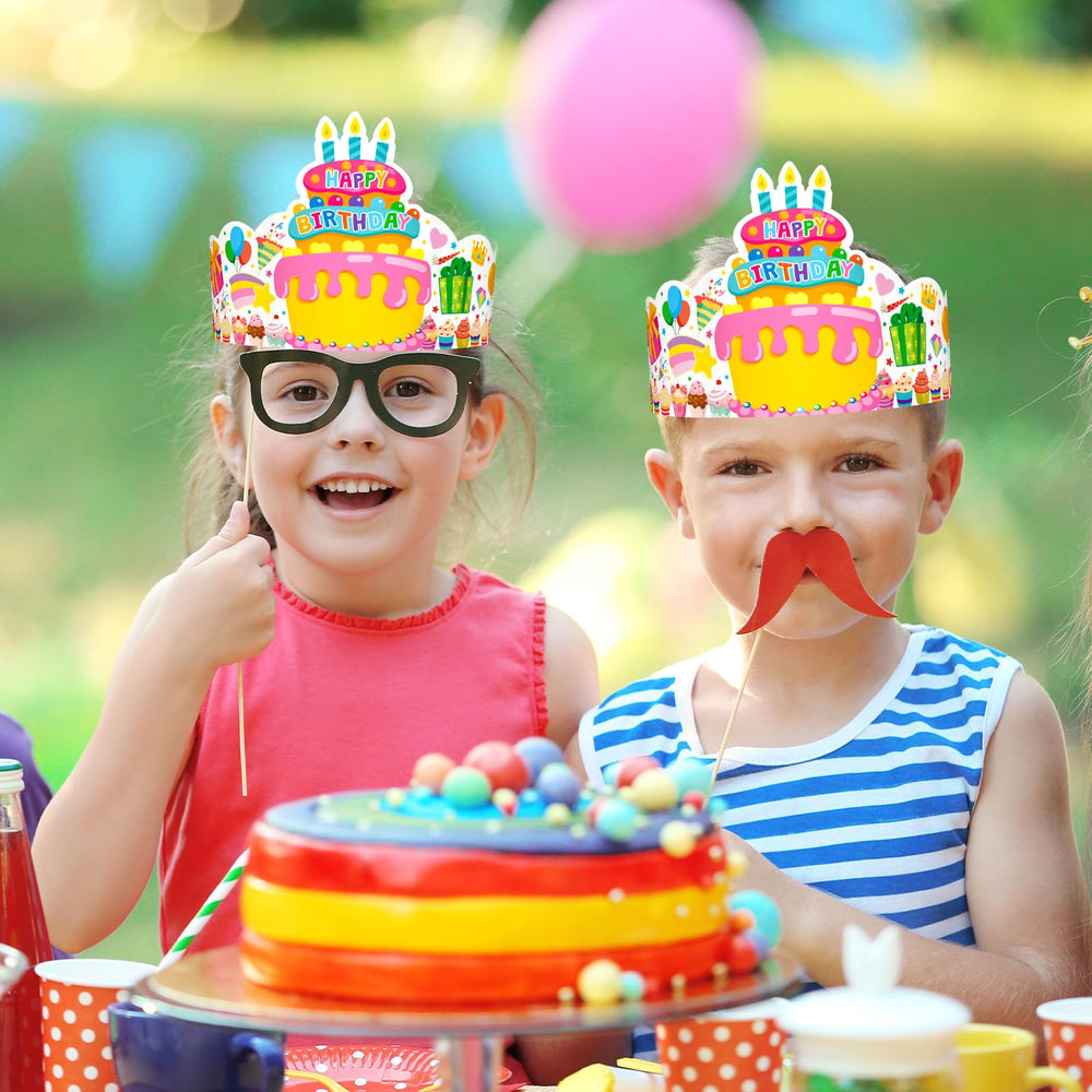 TENDFINE crowns worn by kids and adults during a joyful birthday moment.