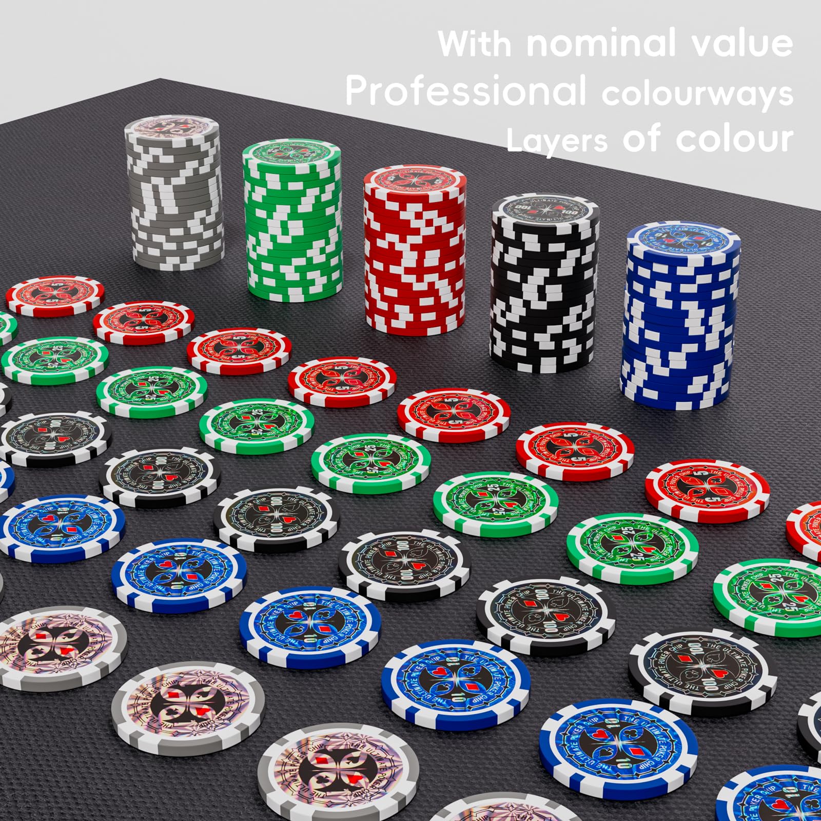 Poker dice, dealer button, and betting buttons included for varied game setups.