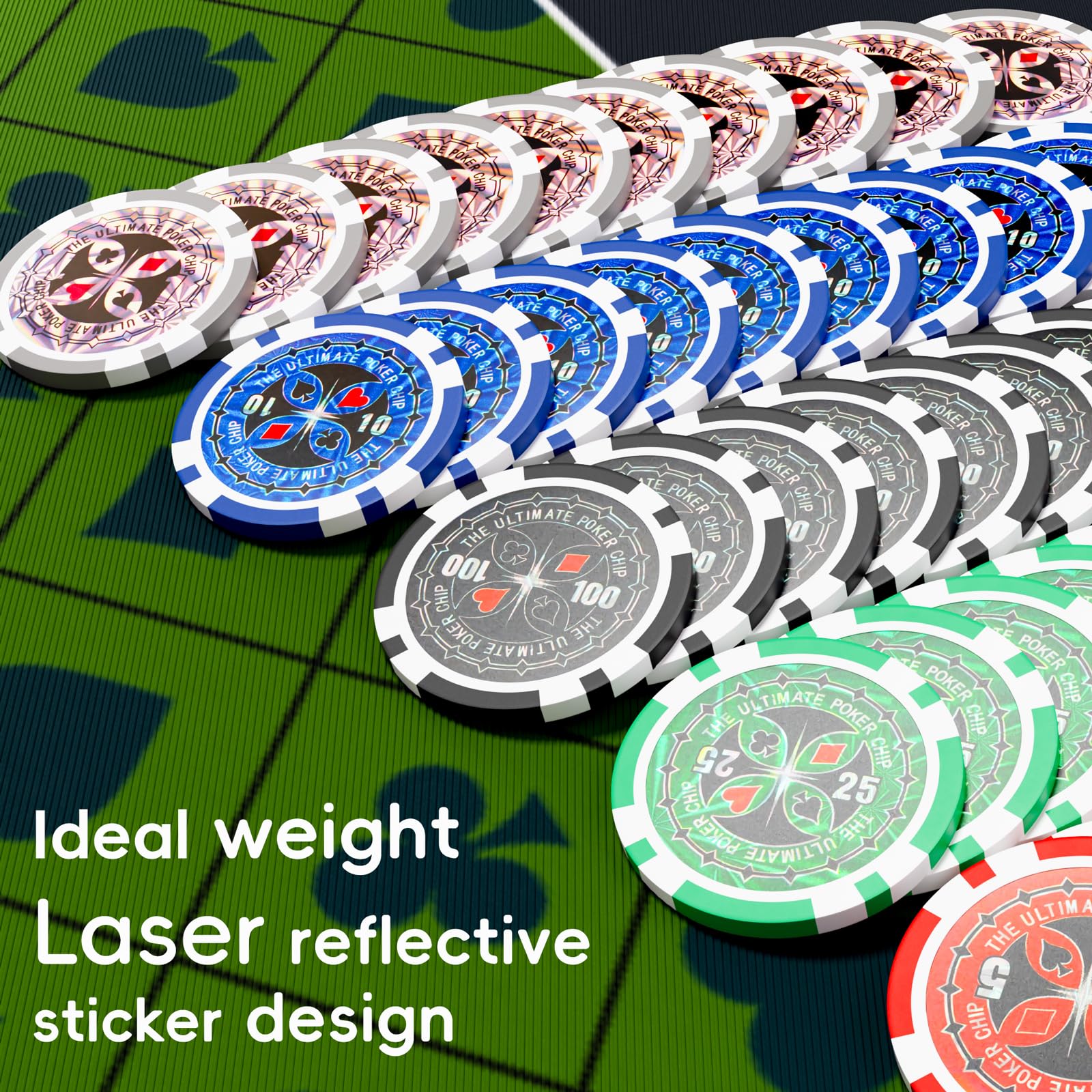 On-table setup showing vibrant chips and professional-grade weight on a gaming felt.
