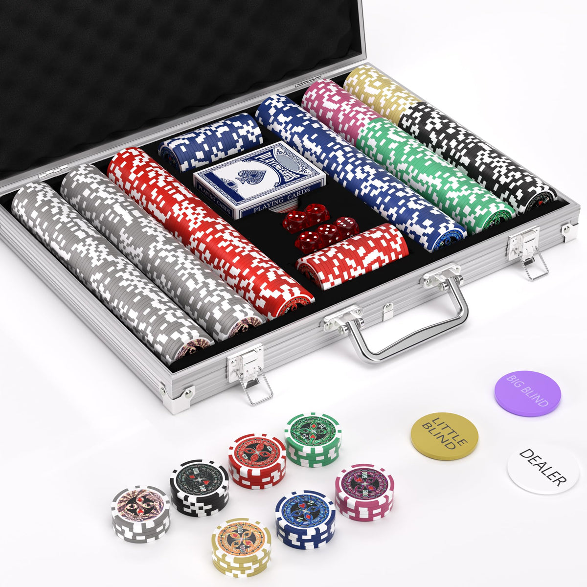 TENETMAN Texas Holdem poker chips set displayed in full, 500-piece kit for home games.