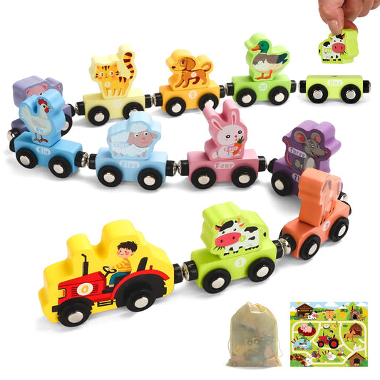 TenFans magnetic wooden animal train set with 11 pieces shown assembled for imaginative play.