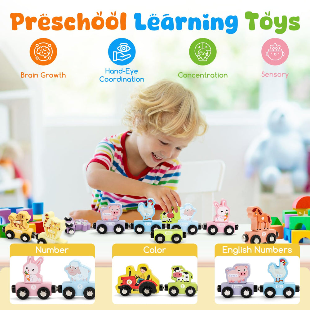 TenFans Montessori-style wooden train cars connected by magnets encouraging problem solving.