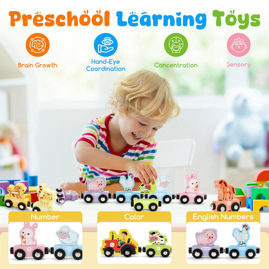 TenFans Montessori-style wooden train cars connected by magnets encouraging problem solving.