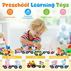 TenFans Montessori-style wooden train cars connected by magnets encouraging problem solving.