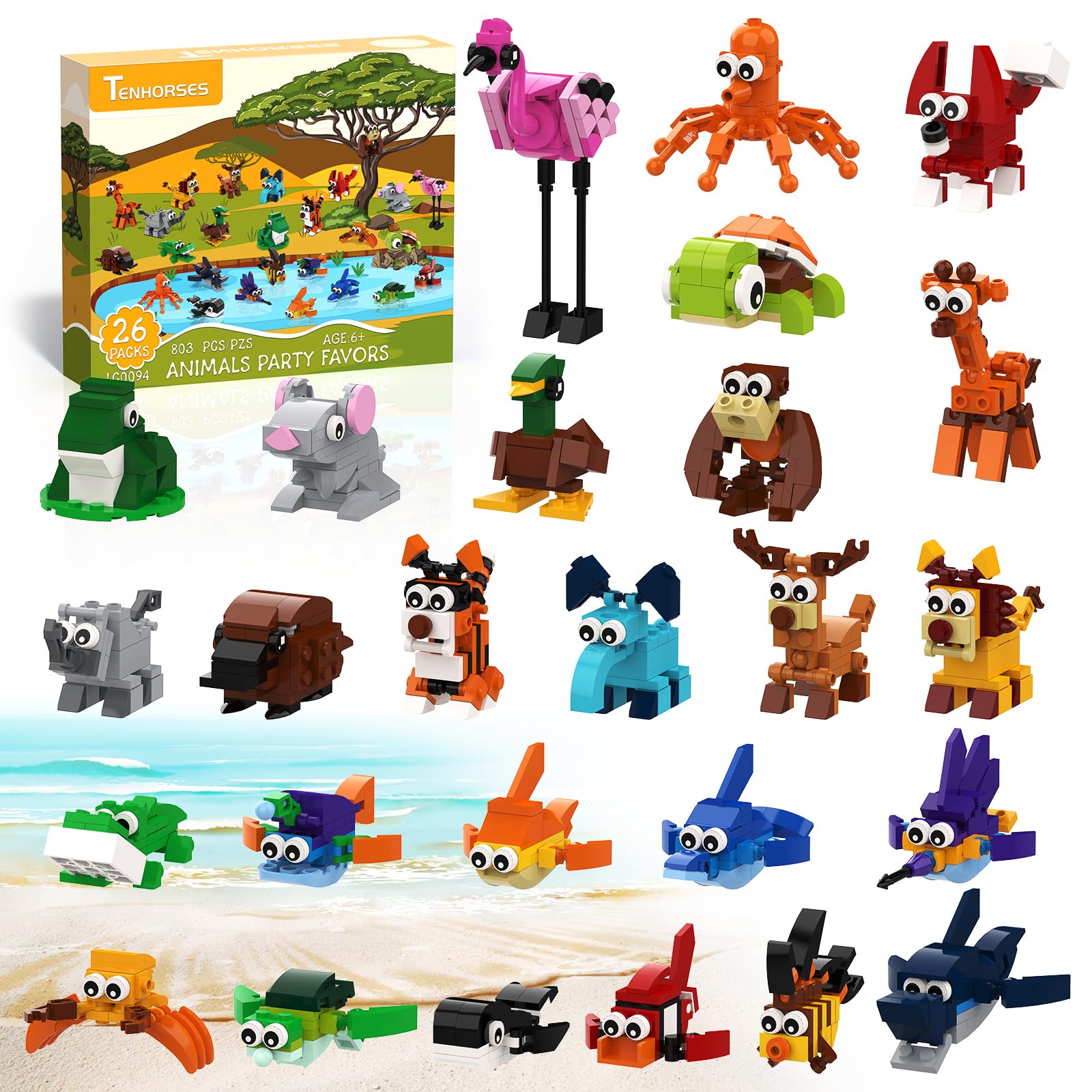 Tenhorses 26-animal party favors pack with colorful figures for parties and classroom learning