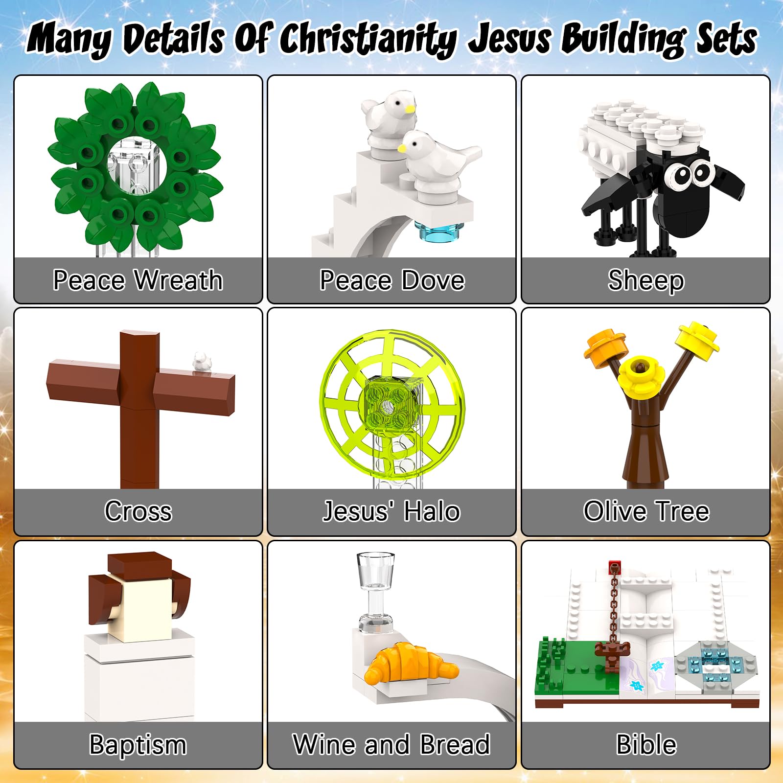 Tenhorses Jesus building blocks dove shot highlighting peace-themed design for gift-ready decor.