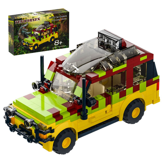 Tenhorses Jurassic Car Building Set, front view, perfect for imaginative off-road dinosaur adventures.