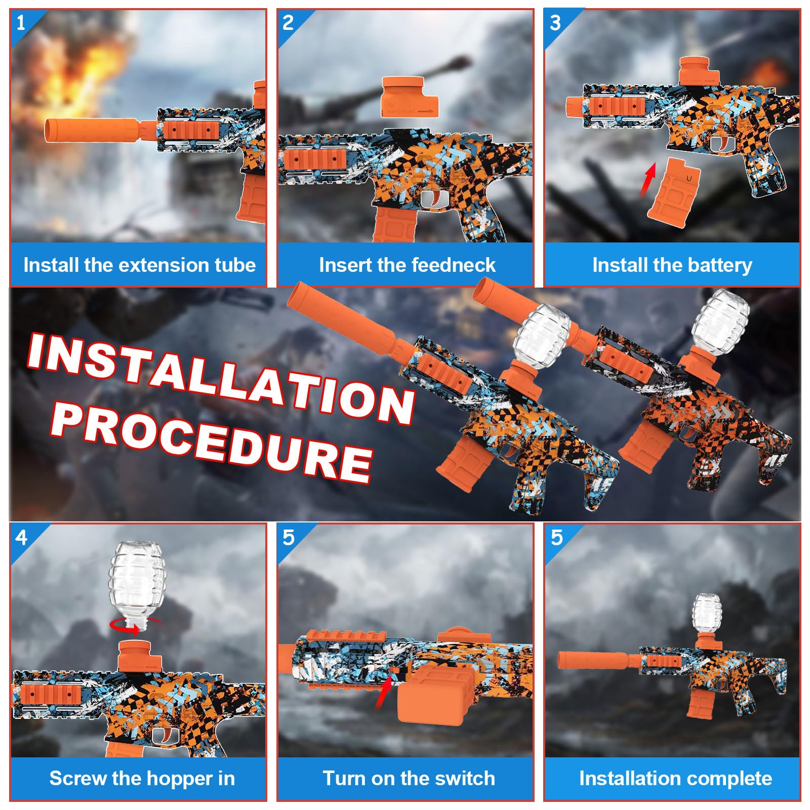 Tentam gel ball blaster magazine-style battery quick swap.