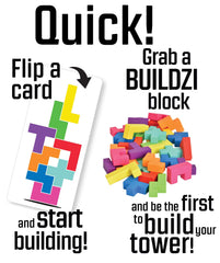 TENZI BUILDZI blocks and cards laid out for easy setup.