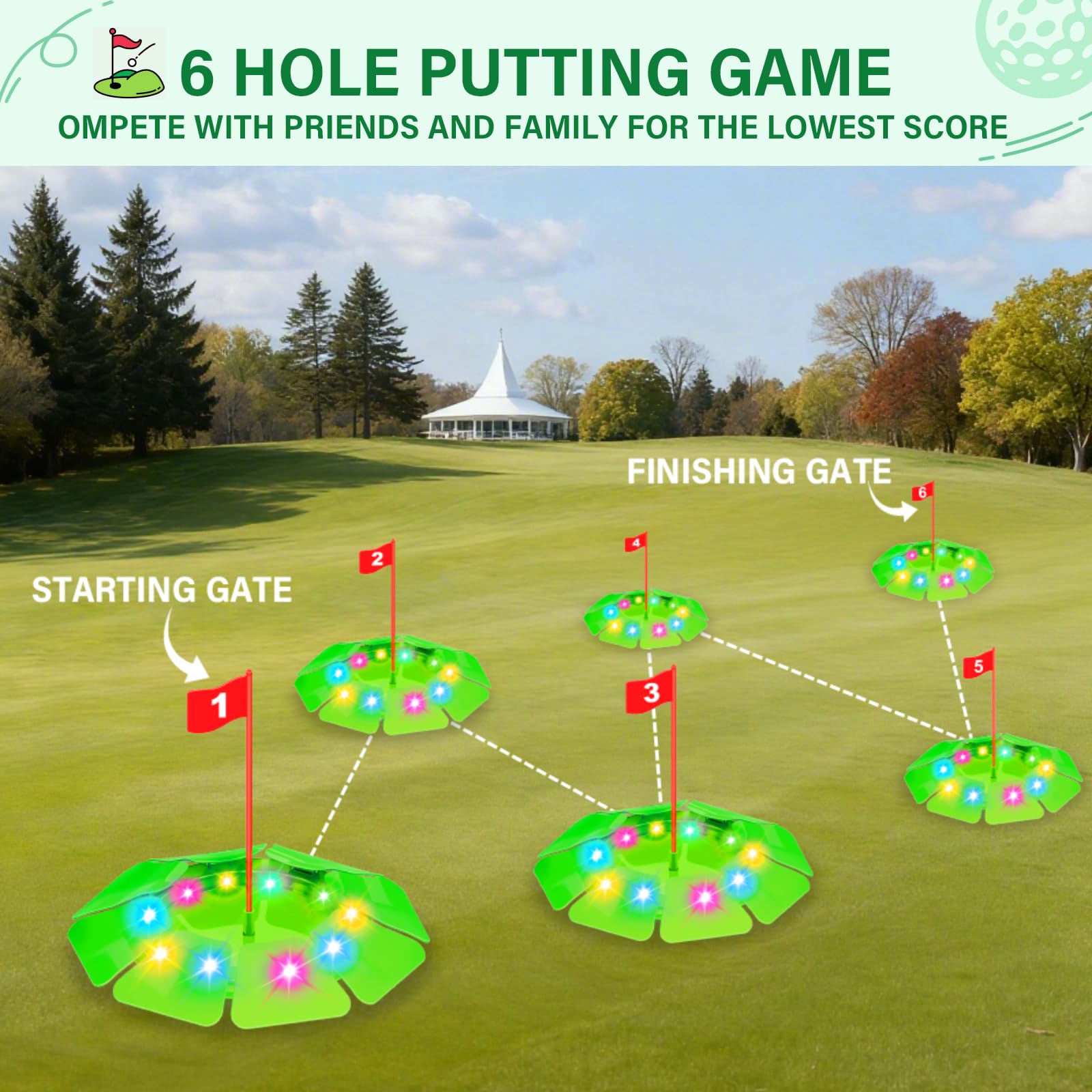 TERRAMUS glow-in-the-dark golf set supports skill-building and hand-eye coordination.