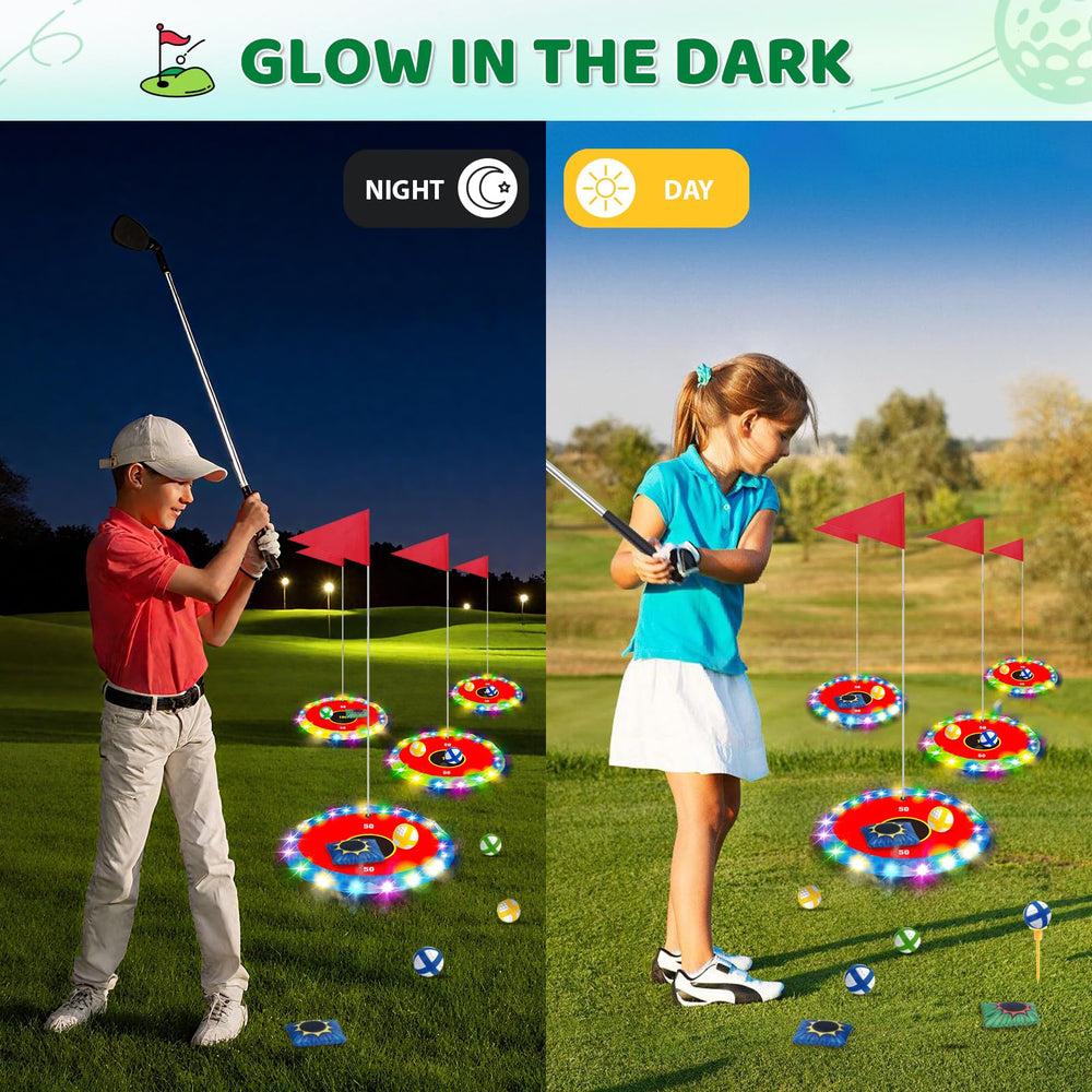 TERRAMUS Light Up Golf Play Set comes with 6 bean bags for bean bag rounds.