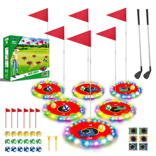 TERRAMUS Light Up Golf Play Set with 6 LED targets for backyard glow golf.