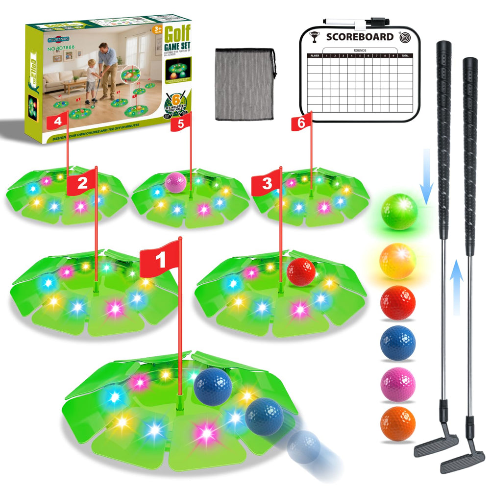 TERRAMUS light-up golf play set with glowing targets for night-time backyard fun.