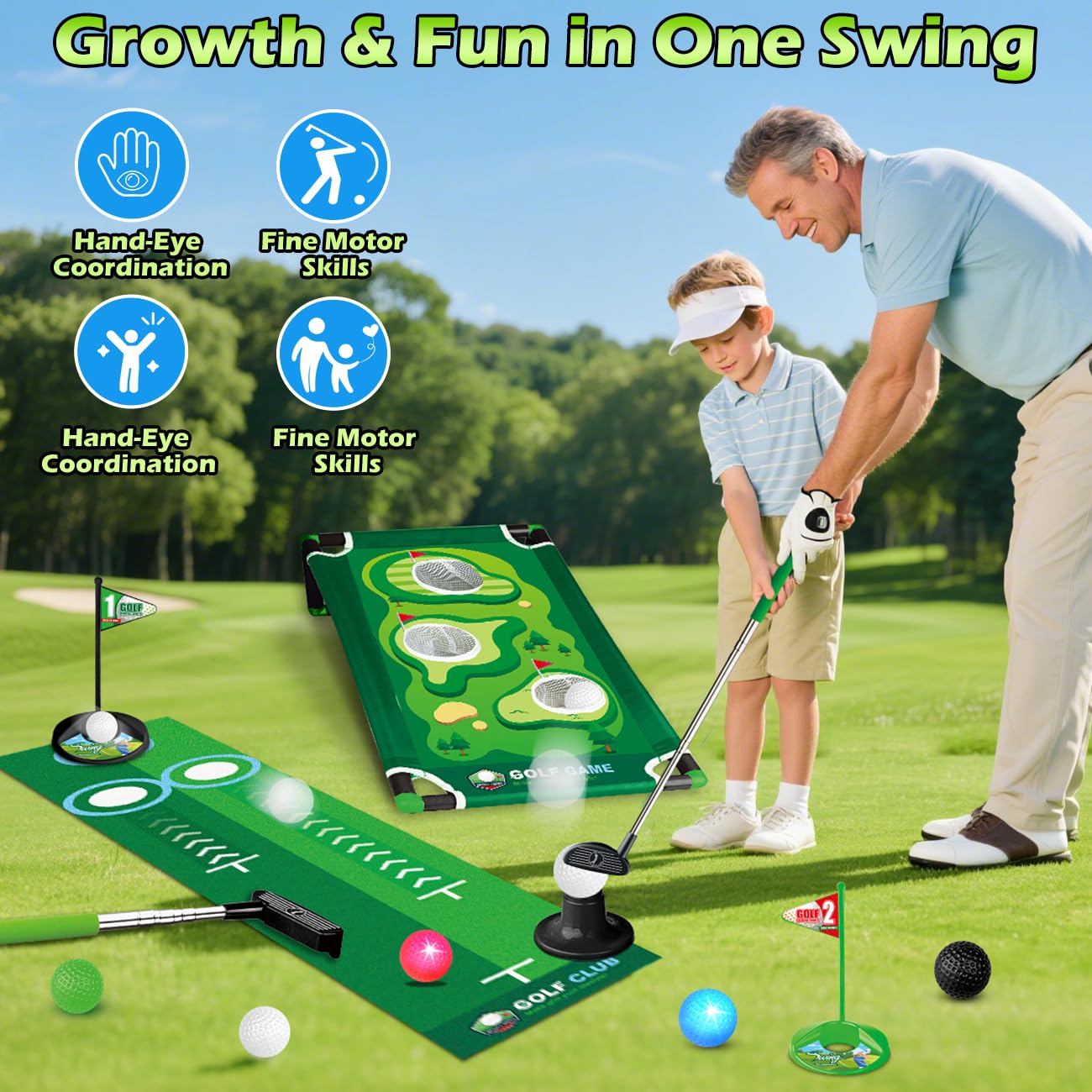 TERRAMUS glow and colored golf balls enhance visibility for daytime and night play.
