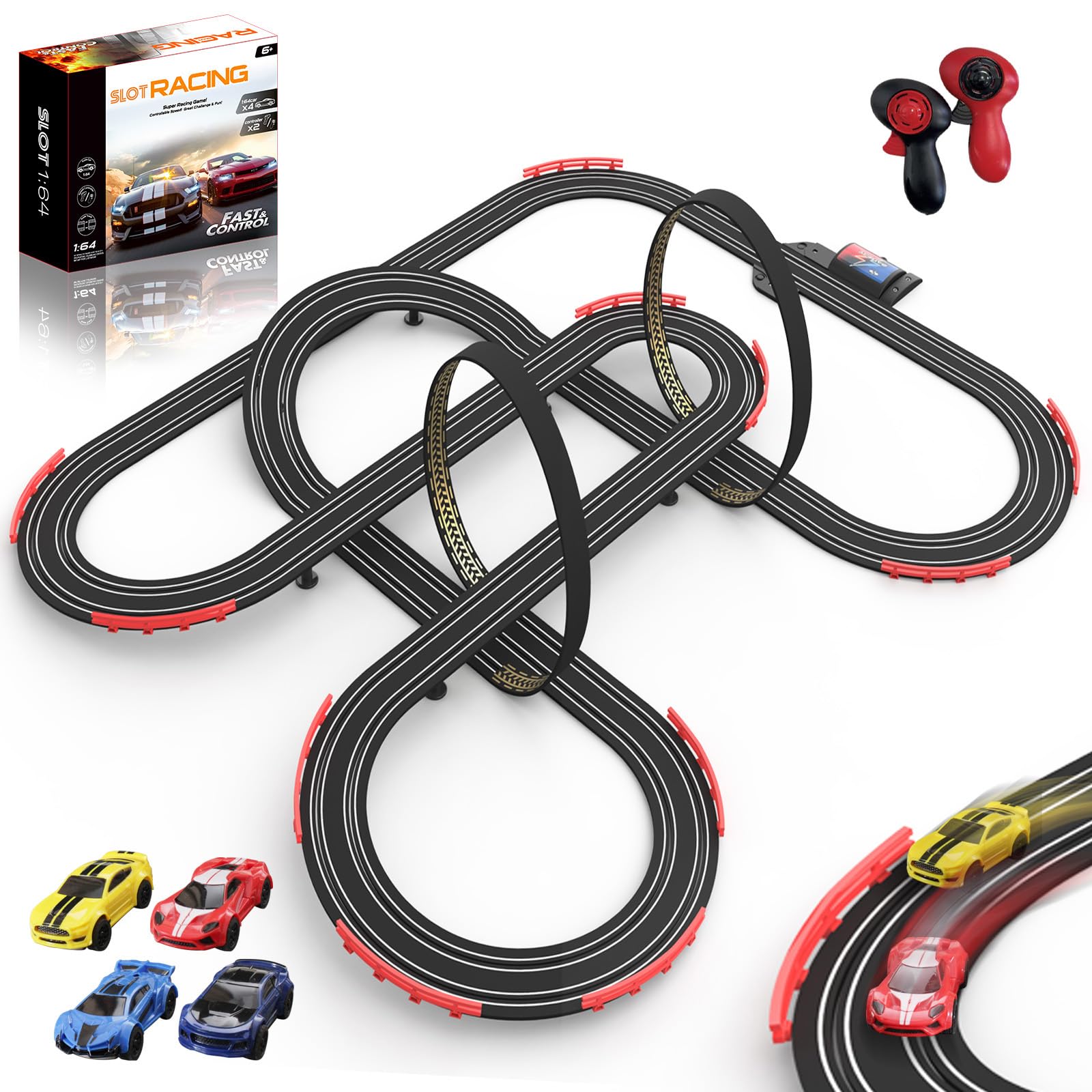 Teslala 32ft slot car track set shown in box for easy setup and gifting