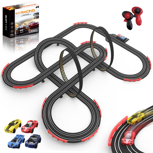 Teslala 32ft slot car track set shown in box for easy setup and gifting