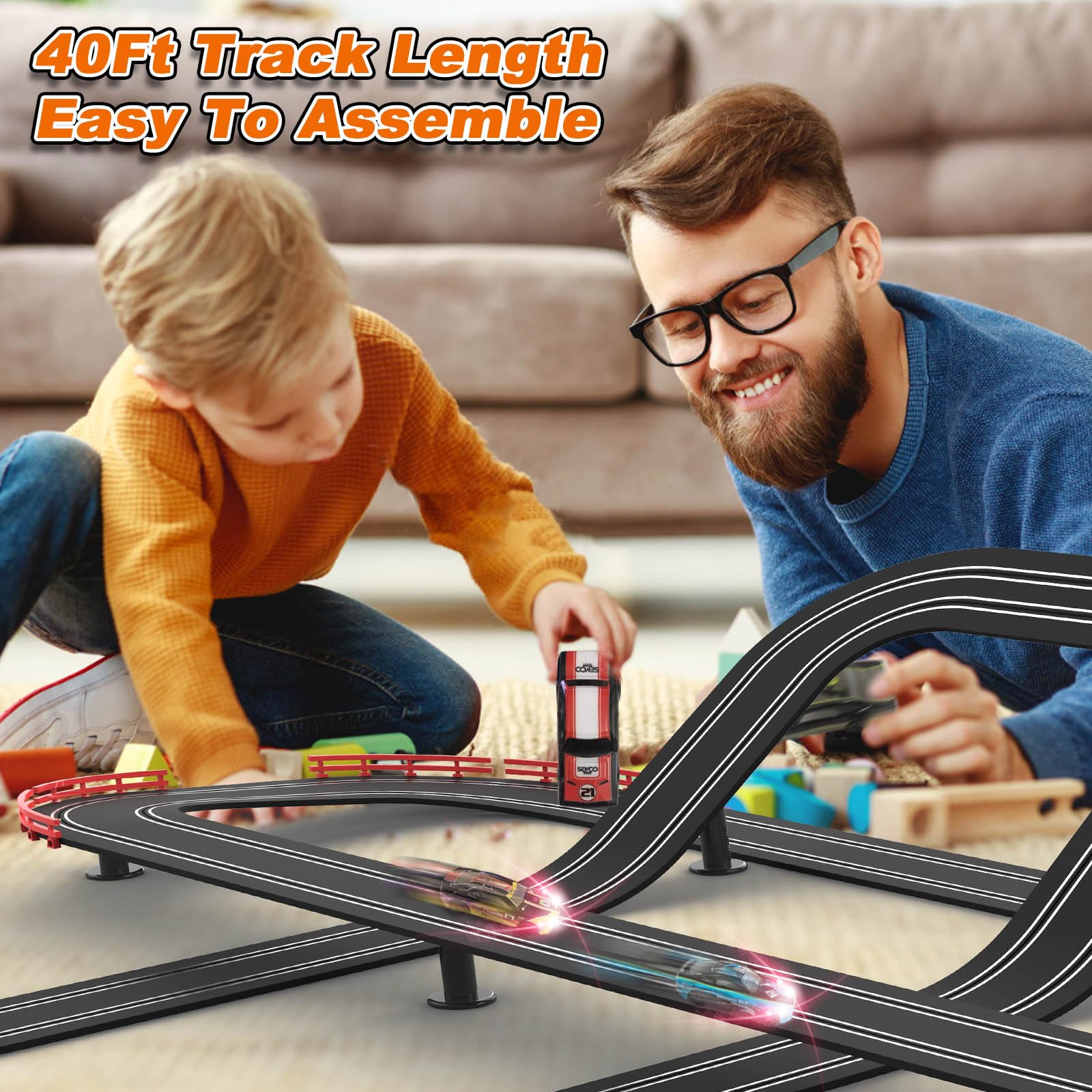 Teslala curved track sections enable smooth cornering for kid-friendly racing.