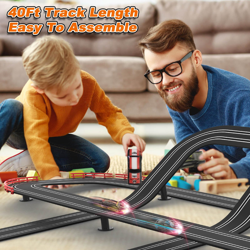 Teslala curved track sections enable smooth cornering for kid-friendly racing.