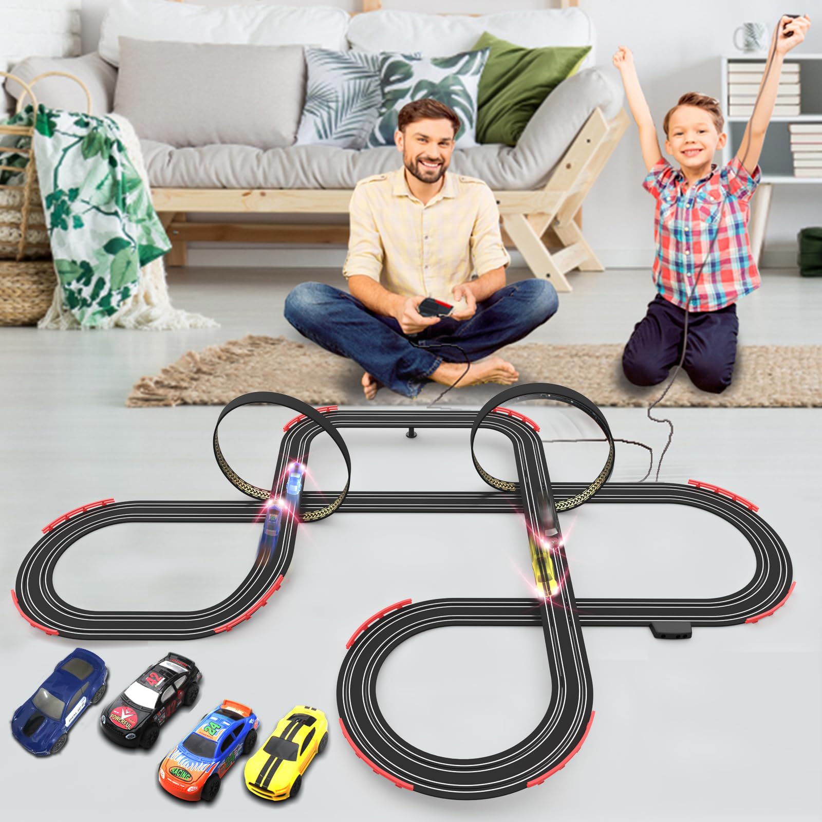 Four Teslala cars race along the extended track.
