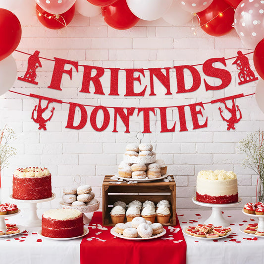 Tetcuican Friends Don't Lie banner with red glitter letters, perfect for photo backdrops and party vibes.