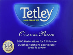 Closeup of Tetley Orange Pekoe Tea bags shows sturdy strings.