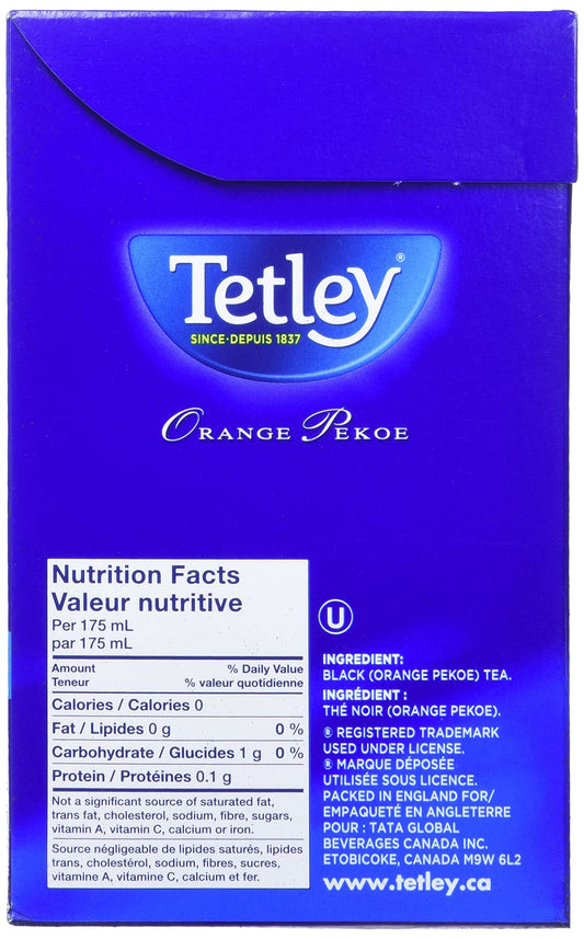 Tetley Orange Pekoe Tea tin canister keeps freshness longer.